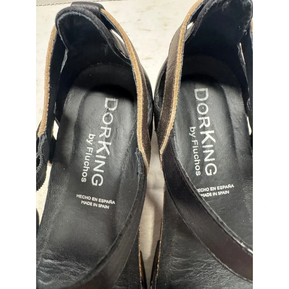 Dorking by Fluchos Black Leather Zebra Print Wedge Sandals Spain 37 6.5